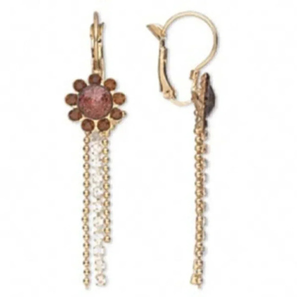 Victorian Style Brown and Gold Crystal Flower and Chains Leverback Earrings - Picture 1 of 1